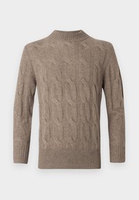 Brauner gestrickter Pullover mit geripptem Rundhalsausschnitt, strukturiertem Zopfmuster sowie gerippten Bündchen und Saum. Weicher, warmer Stoff.