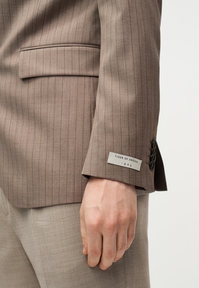 Χέρι άντρα δίπλα στο μανίκι καφέ σακακιού με λεπτές ρίγες και την ετικέτα «Tiger of Sweden 1903», συνοδευόμενο από ταιριαστό παντελόνι.