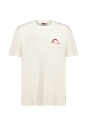 Short-sleeve, cream cotton t-shirt featuring a red sun graphic and "SUNSET BOULEVARD" text on the left chest. Classic crewneck design.