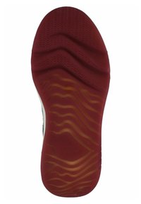 Rubber shoe sole in red with wave-pattern grooves. Features a textured grip surface and a smooth perimeter for enhanced traction.