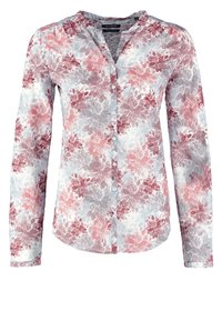 Chemise à manches longues en tissu léger avec un motif floral rouge, rose et bleu, dotée d'une patte de boutonnage sur le devant et d'un col arrondi.