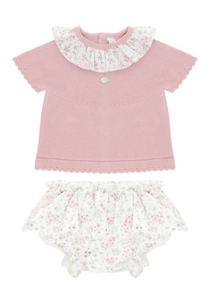 Top de bebé rosa de punto con cuello floral con volantes y cubrepañal blanco floral a juego con volantes.
