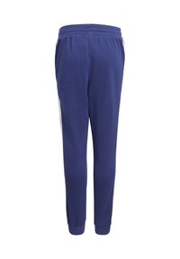 Tumedasinised dressipüksid pehmest kangast, kergelt kitseneva lõikega, elastse vöökohaga ja valgete küljeribadega jalgadel.