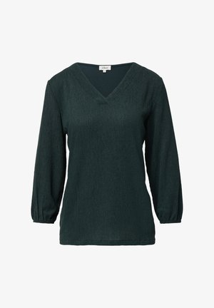 Tumedatest tekstuuriga V-kaelusega pika varrukaga bluus, millel on veidi puffi varrukad ja elastsed mansetid, suurus 36, brändilt s.Oliver.