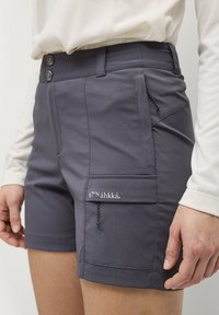 Grijze cargoshorts met knoopsluiting, zijzakken en decoratieve stiksels. Voorzien van een merketiket met "67°N áhkka." Soepele stoftextuur.