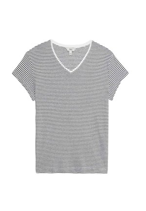 Biała koszulka z krótkim rękawem i dekoltem w serek, z cienkimi czarnymi poziomymi paskami od ramienia do dołu.