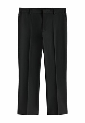 Schwarze formelle Hose mit Gürtelschlaufen, geraden Beinen und einer vorderen Bügelfalte, dargestellt auf weißem Hintergrund.