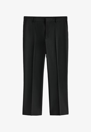 Schwarze formelle Hose mit Gürtelschlaufen, geraden Beinen und einer vorderen Bügelfalte, dargestellt auf weißem Hintergrund.