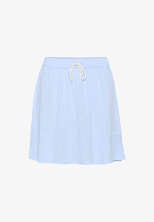 Világoskék pamut szoknya rugalmas derékkal, állítható húzózsinórral és bővülő fazonnal. Simább anyag finom alsó szegéllyel.