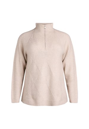 Suéter beige con cuello alto, cierre de cremallera, textura acanalada y patrón de diamantes en la parte frontal. Mangas largas y corte relajado.