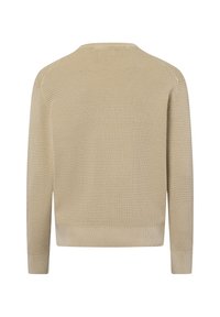 Beige gestrickter Pullover, strukturiertes Muster, gerippte Bündchen und Saum, Rundhals-Ausschnitt, lässige Passform, glattes Material, Rückansicht.
