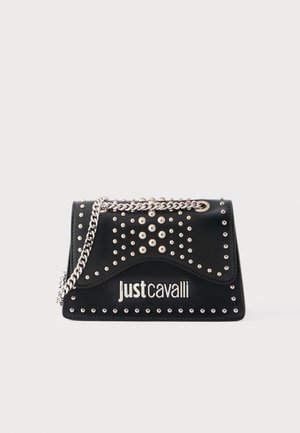 Black Just Cavalli handbag with silver studs arranged in a pattern and a silver chain strap on a white background.