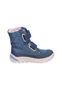 Blue fabric ankle boot with two hook-and-loop straps, pink lining, smooth texture, silver hardware accents, and a white rubber sole.