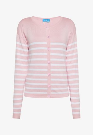 Różowo-biały sweter w paski, z długimi rękawami, okrągłym dekoltem i sześcioma różowymi guzikami z przodu. Miękki, lekki materiał dziany.
