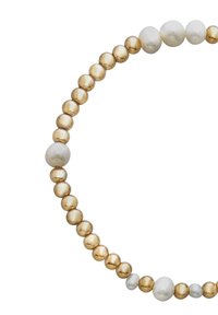 Halskette aus Gold- und Silberperlen mit abwechselnd sphärischen Perlen, darunter leuchtende Perlen und polierte Goldkugeln.