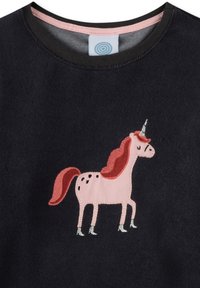 Fleece shirt in dark navy with a pink embroidered unicorn design, featuring a red mane and hooves, with black spots on its body.