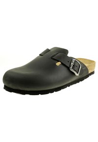 Schwarze Lederclogs mit verstellbarem Schnallenverschluss, Korkeinlage und Gummisohle. Glatte Oberfläche mit runder Zehenform und offenem Rückendesign.