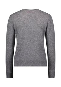 Szary, długi sweter z długim rękawem, wykonany z miękkiego materiału. Posiada okrągły dekolt i ribbowane wykończenie. Minimalistyczny design bez widocznych logo czy wzorów.