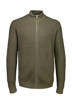 Olijfgroene gebreide sweater met volledige ritssluiting, met een gestructureerd ruitpatroon, geribde manchetten, zoom en opstaande kraag.