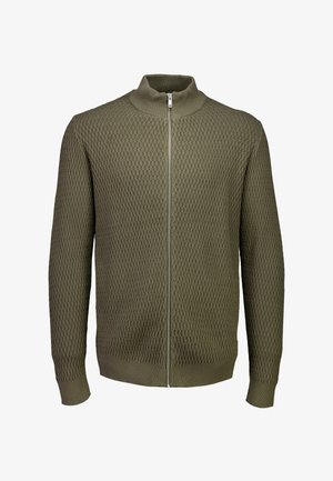 Olive green full-zip knit sweater with textured diamond pattern, ribbed cuffs, hem, and mock neck collar.