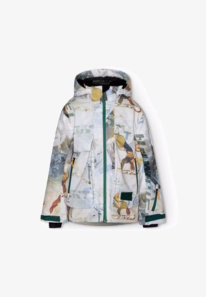 Sne jacket lavet af flerfarvet mønstret stof. Har hætte, grøn lynlås, to sidelommer med orange lynlåse og sorte manchetter.