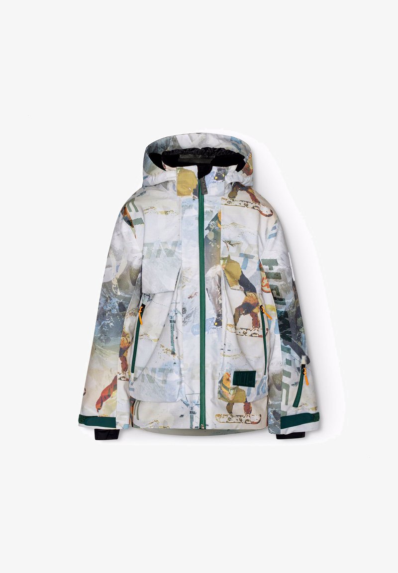 Sne jacket lavet af flerfarvet mønstret stof. Har hætte, grøn lynlås, to sidelommer med orange lynlåse og sorte manchetter.