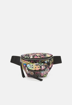 Sac banane noir avec des motifs floraux et tourbillonnants colorés, fermetures éclair argentées, poche avant et étiquette Versace Jeans Couture.