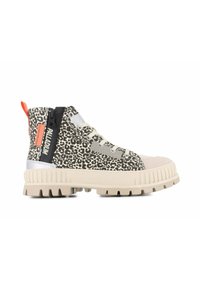 Sneaker alta con motivo leopardato, suola in gomma beige e dettaglio con zip laterale nera. Presenta accenti grigi e arancioni.