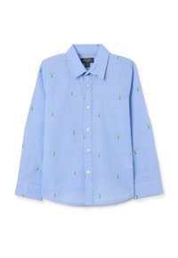Camicia azzurro chiaro a maniche lunghe realizzata in tessuto con piccole ricami di palme verdi, dotata di pattina con bottoni e colletto classico.
