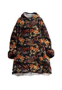 Pelēks, ar kapuci, pārmērīgs džemperis, kurā izsistām krāsainais pūķa un ziedu raksts sarkanā, oranžā un zelta krāsā, ar mīkstu iekšpusi.