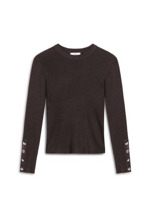 Ribbed long-sleeve top in dark brown fabric, featuring button accents with heart, star, and decorative designs on the sleeves.