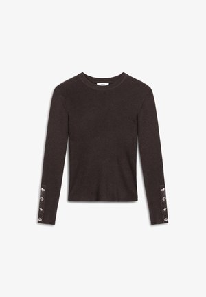 Ribbed long-sleeve top in dark brown fabric, featuring button accents with heart, star, and decorative designs on the sleeves.