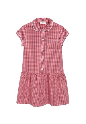 Rotes Karo-Kleid mit Kragen, kurzen Ärmeln, vorderer Knopfverschlus und einem gerafften Rock. Verfügt über eine kleine Brusttasche.