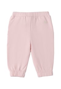 Pantaloni per neonati rosa chiaro con cintura elasticizzata e polsini, caratterizzati da una piccola toppa a forma di cuore sul lato destro vicino alla vita.
