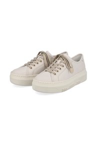 Beige Leinensneaker mit runder Zehenpartie, strukturiertem Gummisohle, goldenen Ösen und gepolsterter Zunge. Verfügt über tonale Schnürsenkel und ein Logo-Detail an der Seite.