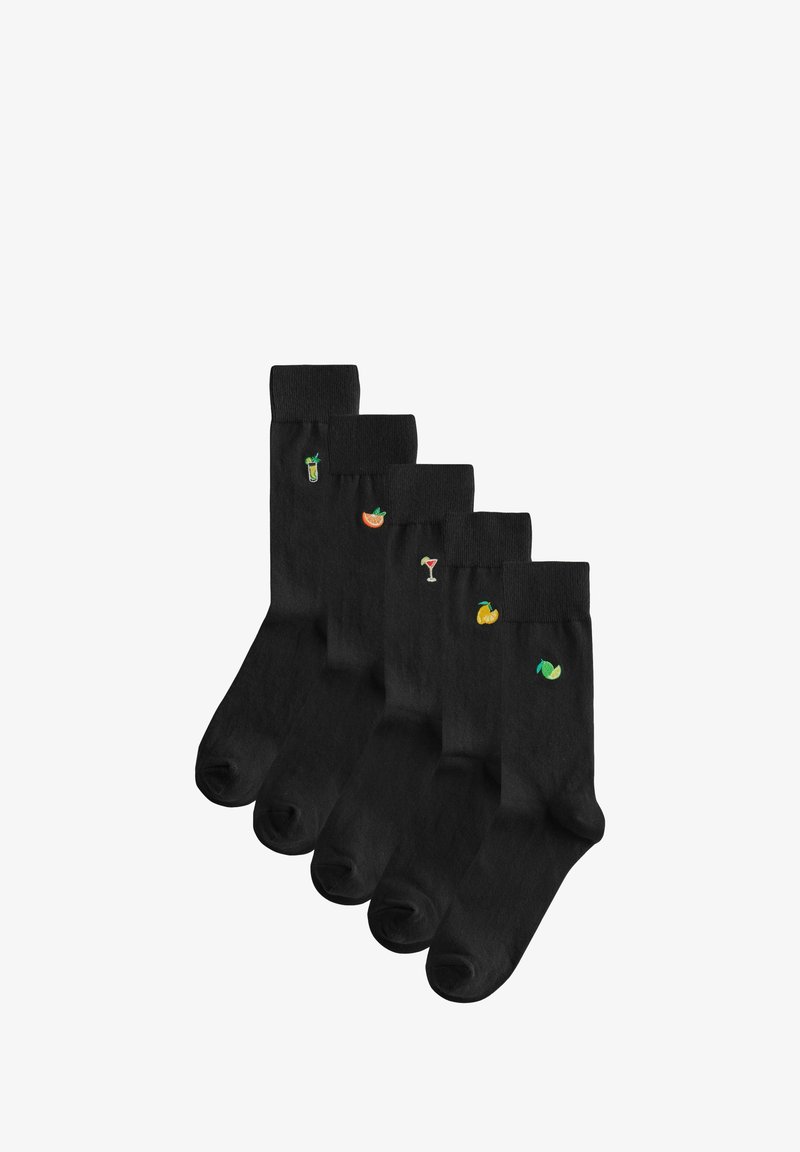 Štyri páry čiernych bavlnených ponožiek s farebnými vyšívanými vzormi: mojito, pomaranč, koktail a citrón. Mäkká textúra a ležérny štýl.