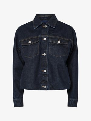 Tumedast denimist jakk, millel on krae, kaks rinna-taskut, hõbedased nööbid ja vastandlikud kollased õmblused. Lühendatud siluett.