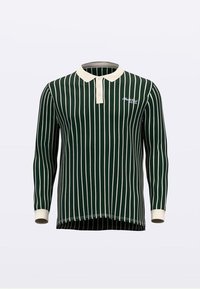 Poloshirt met lange mouwen in donker groen met witte verticale strepen, voorzien van een witte kraag en een logo op de linkerborst. Zachte textuur.