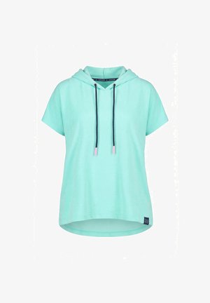 Mintunvihreä lyhythihainen huppari, jossa mustat kiristysnauhat, jotka päättyvät vaaleanpunaisiin pääteosiin, ja pieni musta logokyltti helman lähellä.