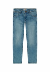 Ljusblå jeans i denim med rak bendesign, fem fickor och dragkedjestängning. Har subtila blekningar och orange sömmar.