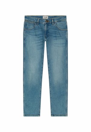 Lichtblauwe denim jeans met een recht model, vijf zakken en een ritssluiting. Heeft subtiele vervaging en oranje stiksels.