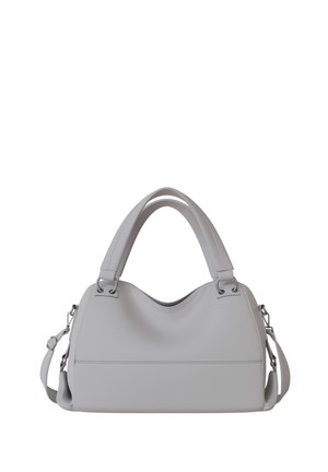 Gray leather handbag with double handles and detachable shoulder strap, simple design and rectangular shape.
