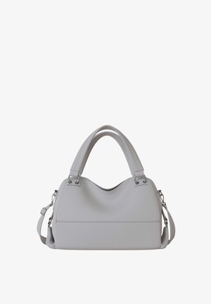 Gray leather handbag with double handles and detachable shoulder strap, simple design and rectangular shape.