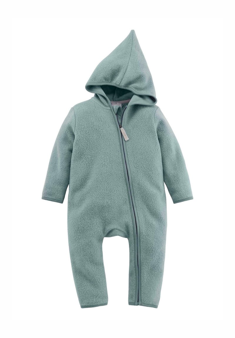 Groene fleece onesie met lange mouwen en een puntige capuchon, voorzien van een rits aan de voorkant en een zachte textuur.