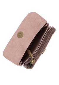Pink suede wallet with a brass snap closure and zipper. Interior features multiple compartments for organization. Soft texture, rectangular shape.