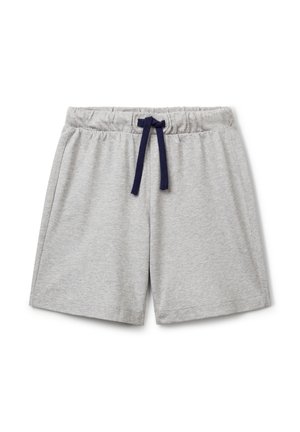 Shorts en coton gris clair avec ceinture élastique et cordon de serrage bleu marine, centrés sur un fond blanc.