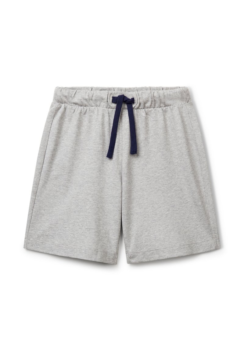 Shorts en coton gris clair avec ceinture élastique et cordon de serrage bleu marine, centrés sur un fond blanc.