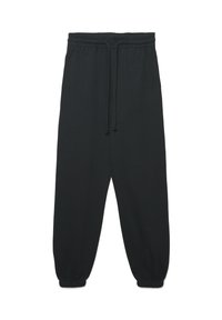 Schwarze Jogginghose aus weichem Stoff, mit elastischem Bund und Kordelzug, gesmokten Bündchen und einer lockeren Passform.