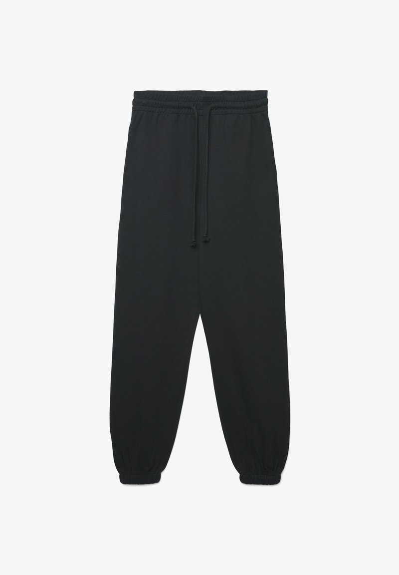 Schwarze Jogginghose aus weichem Stoff, mit elastischem Bund und Kordelzug, gesmokten Bündchen und einer lockeren Passform.