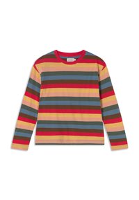 Langsleeve T-shirt van zacht katoen, met gedurfde horizontale strepen in rood, geel, blauw, groen en bruin. Geribbelde halslijn.